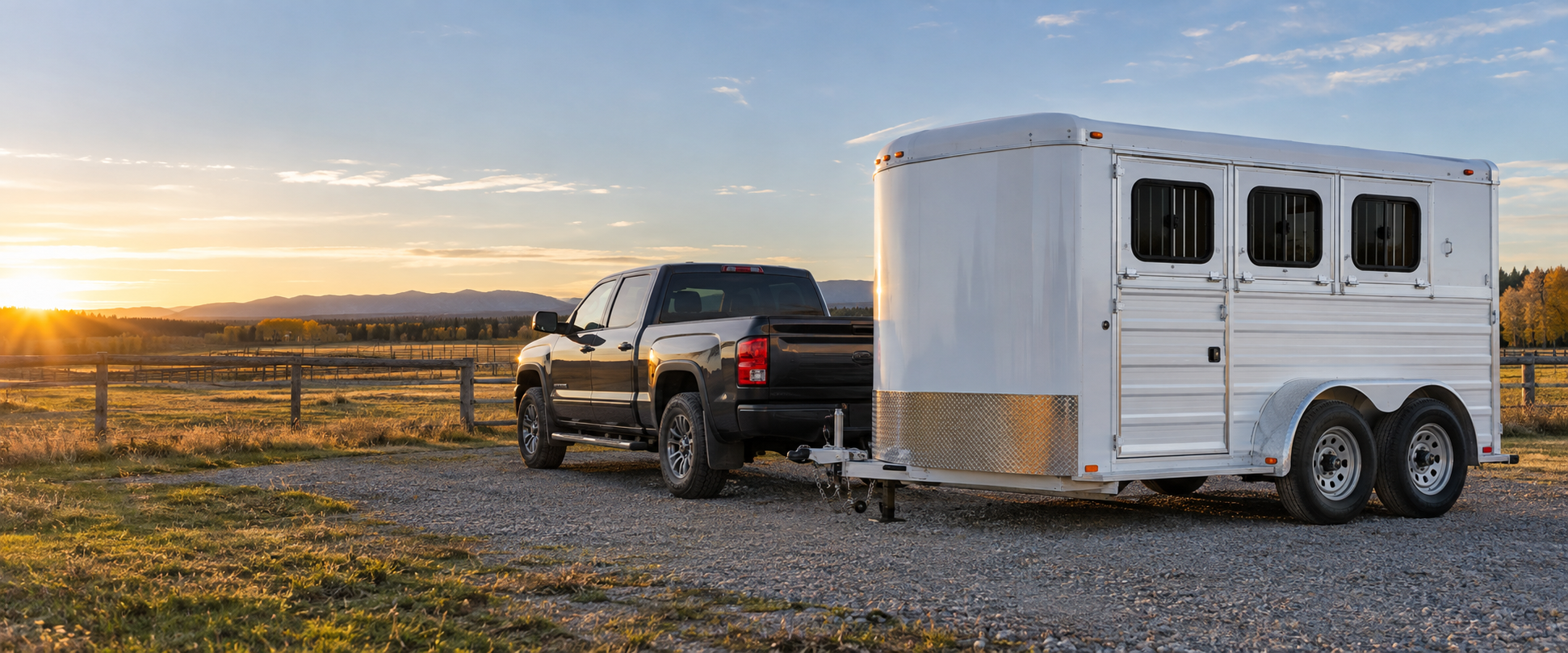 White three-horse bumper-pull trailer on a Central Alberta acreage